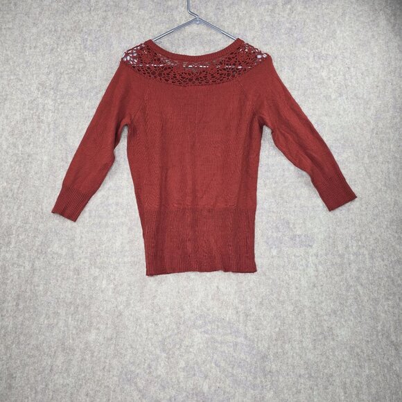 Outback Red Womens Crochet Yoke Sweater Rust Red Medium Acrylic Pullover Knit - Picture 2 of 8